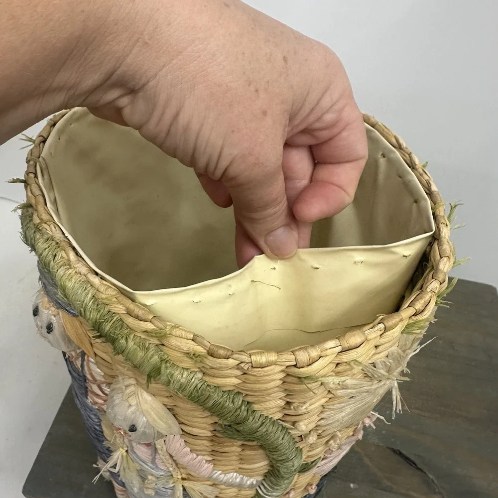 Vintage Woven Straw Raffia Lined Basket Embroidered Scarecrow Whimsical Fall